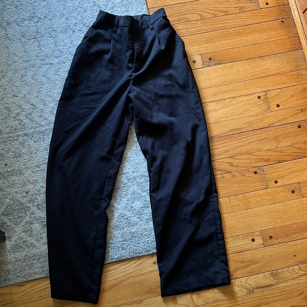 Black wide leg trousers, sinched in waist